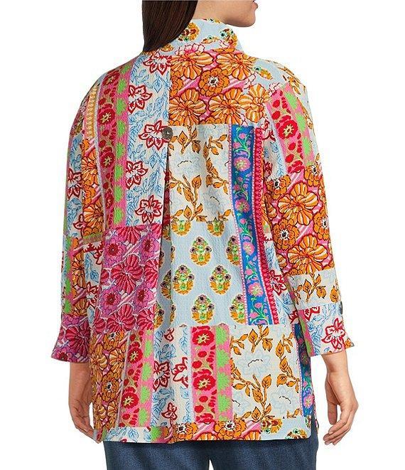 Calessa Plus Size Printed Ruffled Stand Collar Long Sleeve Button Front Tunic Product Image