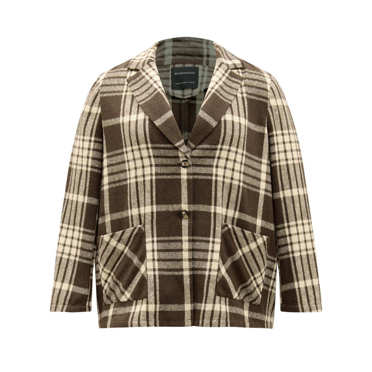 Plus Size Plaid Patched Pocket Button Through Coat Women DarkBrown Casual Contrast Ladies Dailywear Winter Coats BloomChic 28/5X Product Image