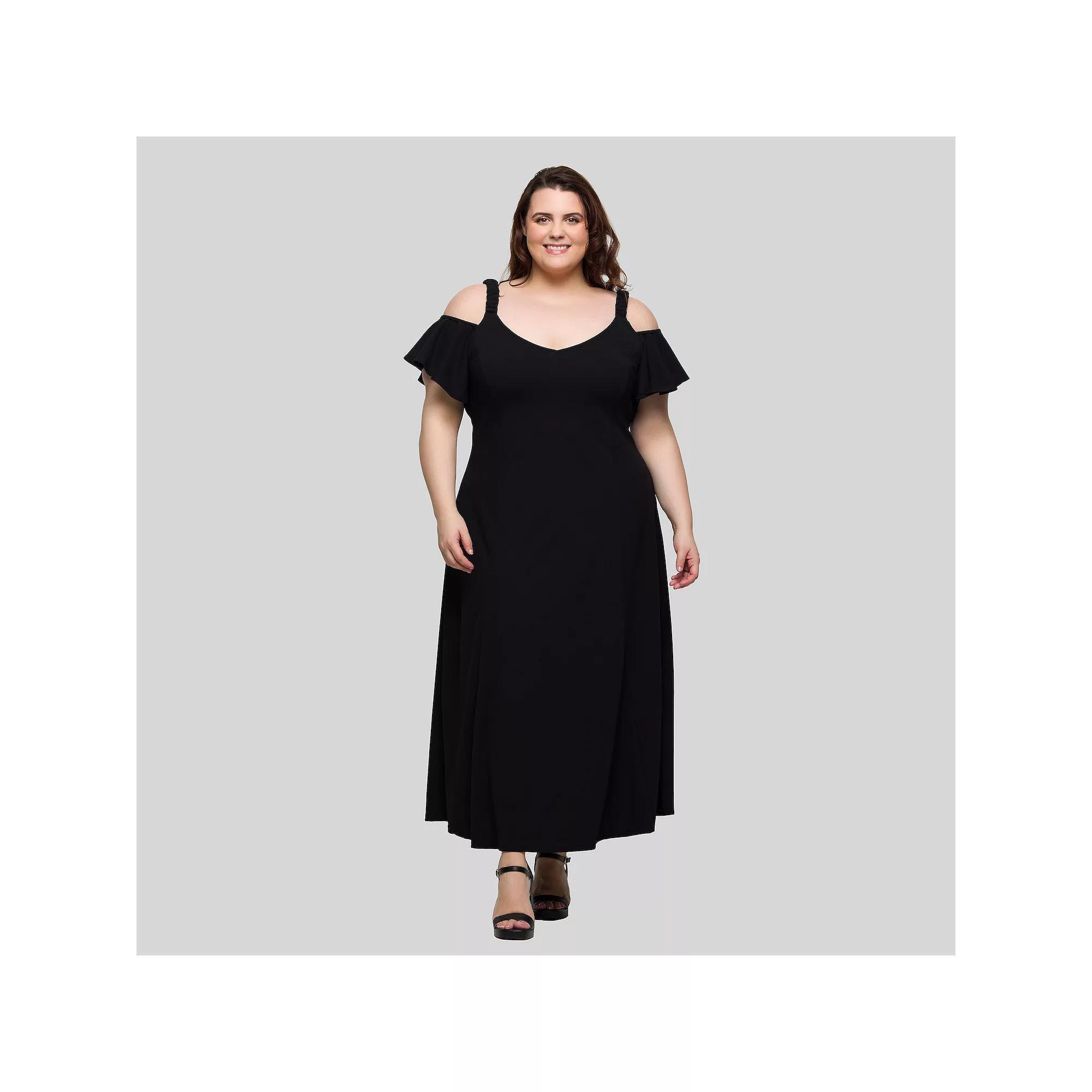 Plus Size 24Seven Comfort Apparel Cold Shoulder Ruffle Sleeve A-Line Maxi Dress, Women's, Size: 2XL, Pink Product Image