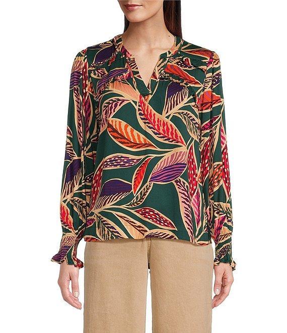 Democracy Woven Leaf Print Double Ruffle Yoke Notch V-Neck Long Sleeve Top Product Image