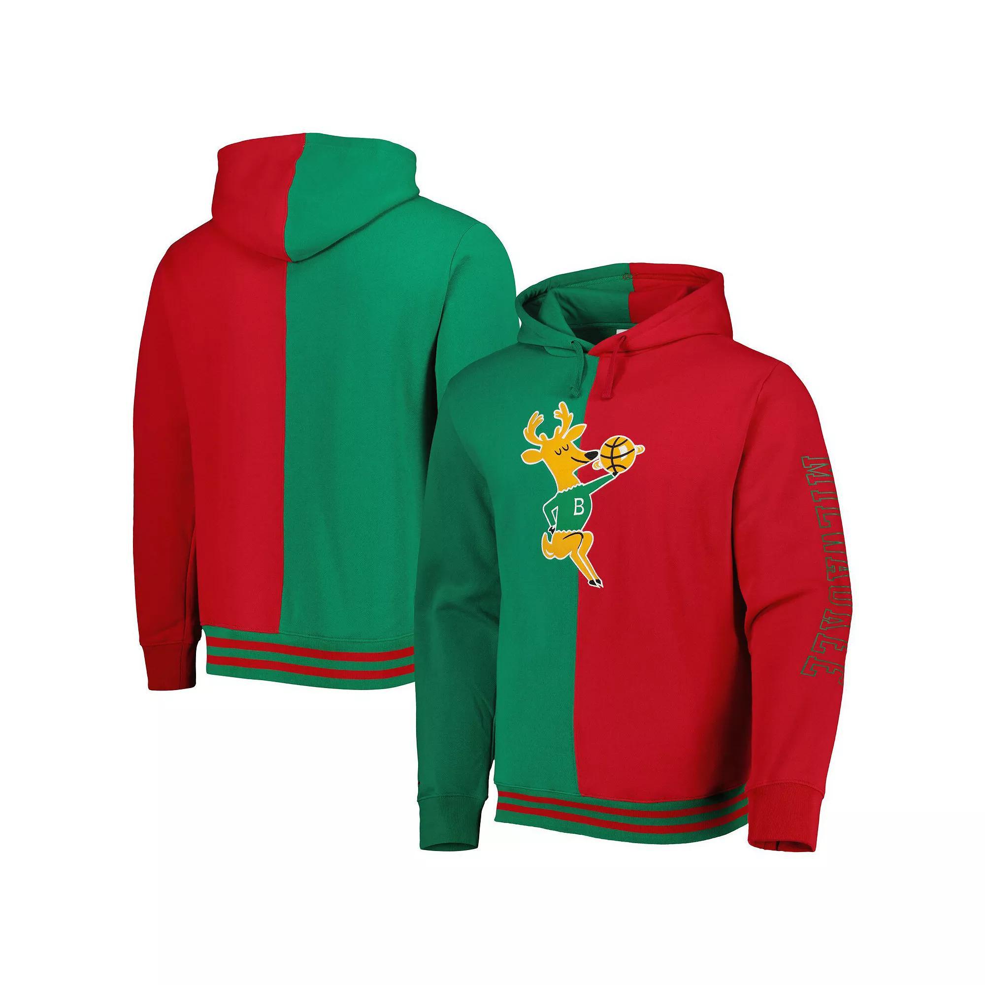 Men's Mitchell & Ness Green/Red Milwaukee Bucks Hardwood Classics Split Pullover Hoodie, Size: Large Product Image