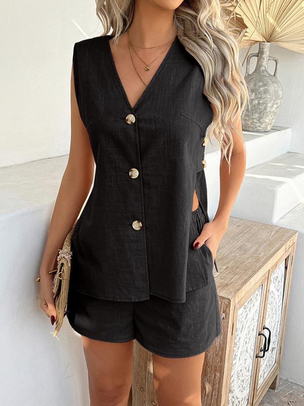 Loose Sleeveless Buttoned Hollow Solid Color V-Neck Vest Top + Pockets Elasticity Shorts Bottom Two Pieces Set Product Image