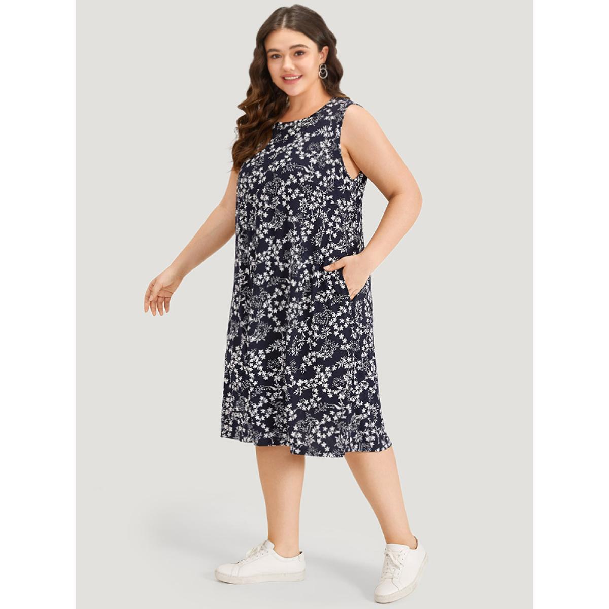 Plus Size Ditsy Floral Pocket Crew Neck Tank Dress Navy Women Casual Printed Round Neck Sleeveless Curvy Midi Dress BloomChic 22-24/3X Product Image