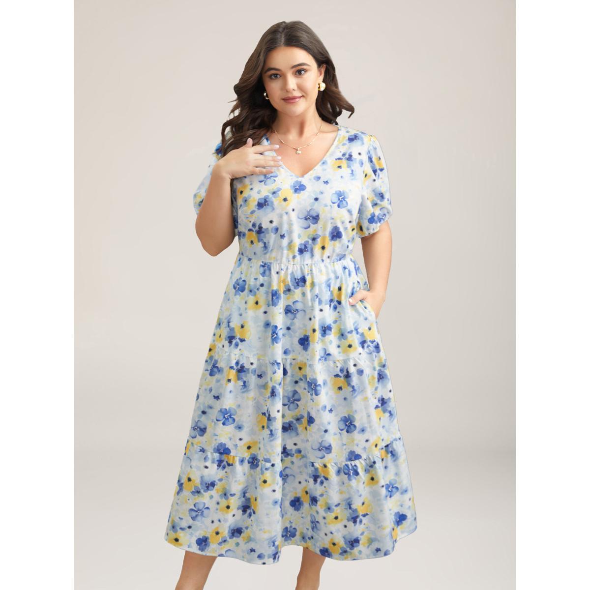 Plus Size Blooming Flowers Puff Sleeve Stretchy-Waist Dress LightBlue Women Elegant Non V-neck Short sleeve Curvy BloomChic 14-16/1X Product Image