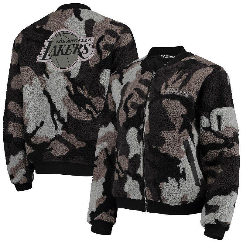 Womens The Wild Collective Los Angeles Lakers Camo Sherpa Full-Zip Bomber Jacket Product Image