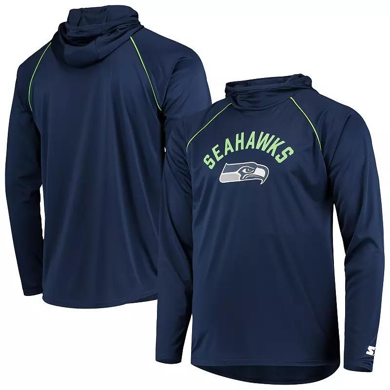 Men's Starter Navy Seattle Seahawks Raglan Long Sleeve Hoodie T-Shirt,  Product Image