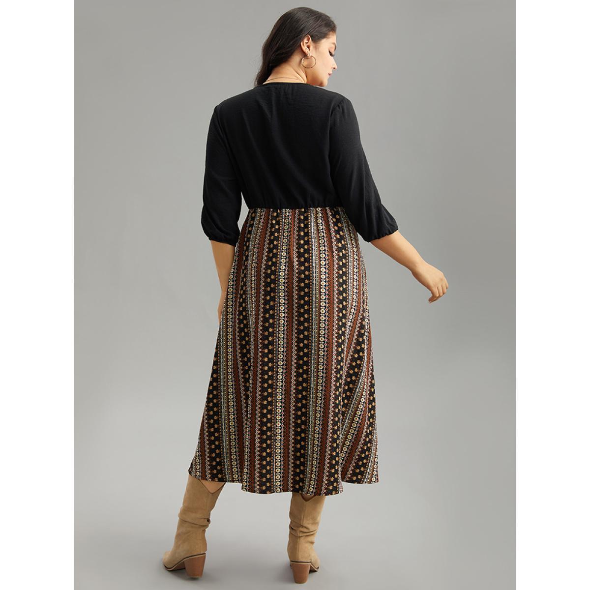 Plus Size Bandana Striped Patchwork Wrap Dress Black Women Vacation Elastic cuffs V-neck Elbow-length sleeve Curvy Midi Dress BloomChic 30/6X Product Image