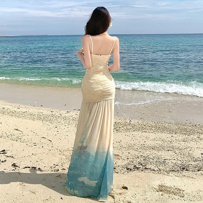 Spaghetti Strap Sea Print Floral Shirred Midi Mermaid Dress Product Image