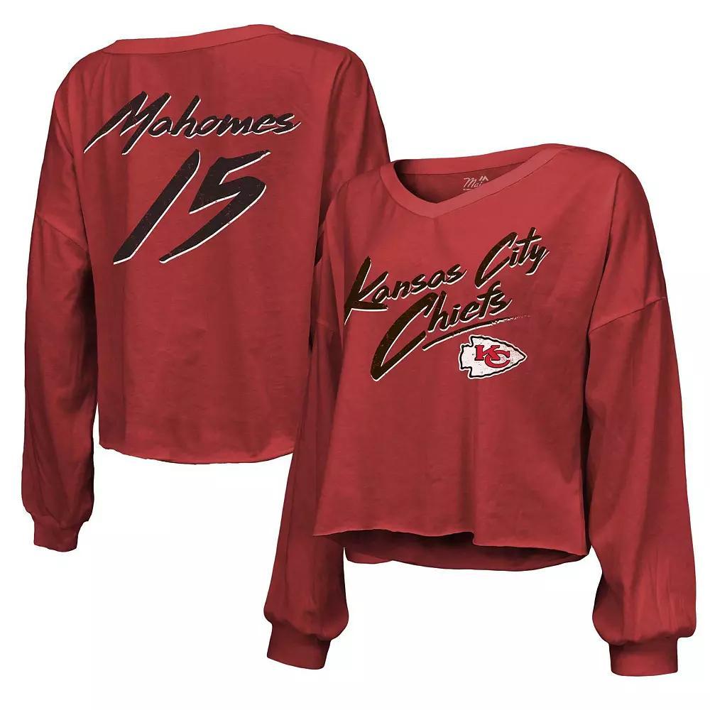 Women's Majestic Threads Patrick Mahomes Red Kansas City Chiefs Name & Number Off-Shoulder Script Cropped Long Sleeve V-Neck T-Shirt, Size: Medium Product Image