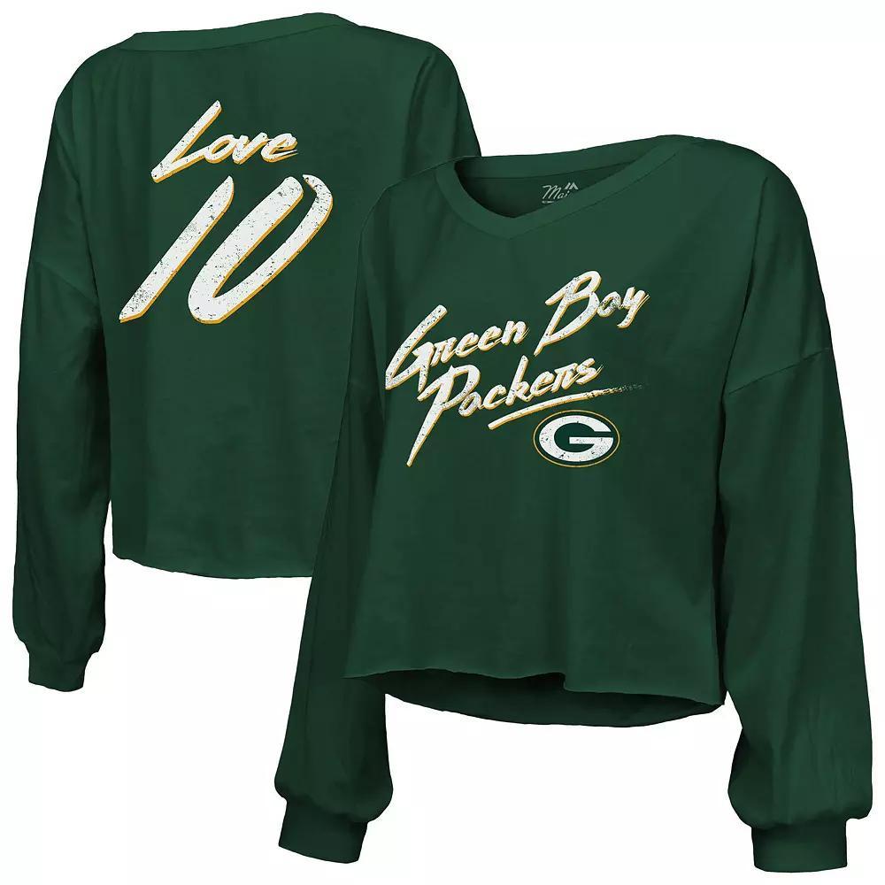 Women's Majestic Threads Jordan Love Green Green Bay Packers Name & Number Off-Shoulder Script Cropped Long Sleeve V-Neck T-Shirt,  Product Image