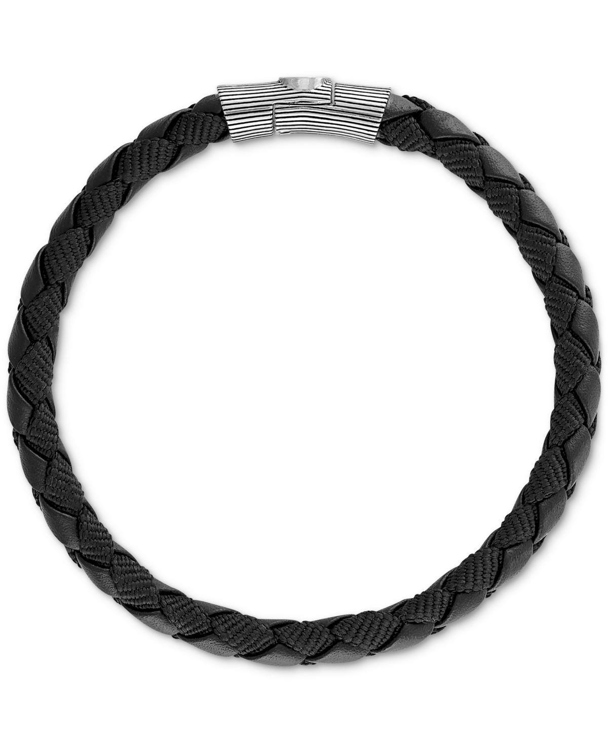 Esquire Mens Jewelry Black Leather Woven Bracelet in Sterling Silver (Also in Brown Leather & Blue Leather), Created for Macys Product Image