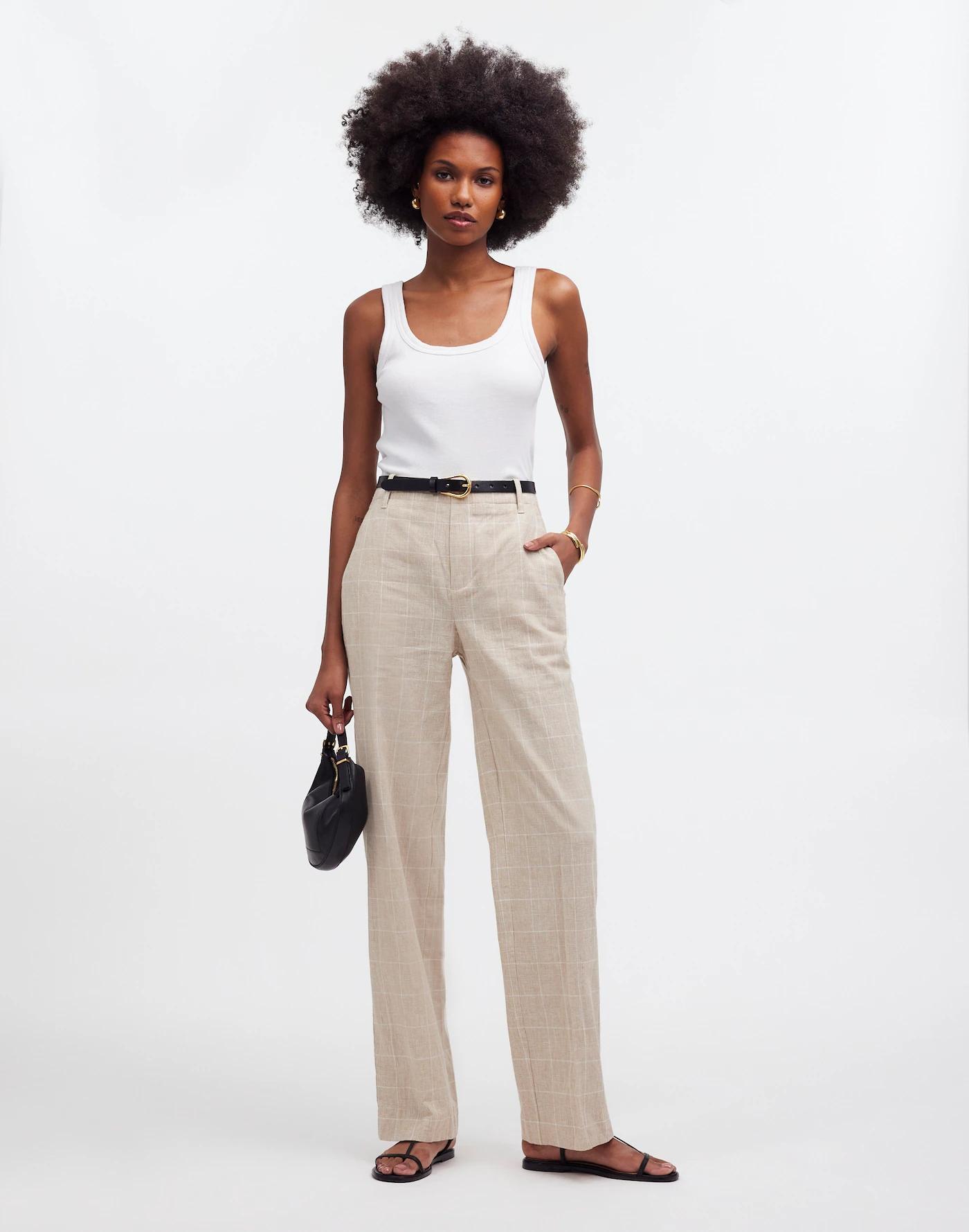 Mid-Rise Straight Pants in Plaid Linen Blend Product Image