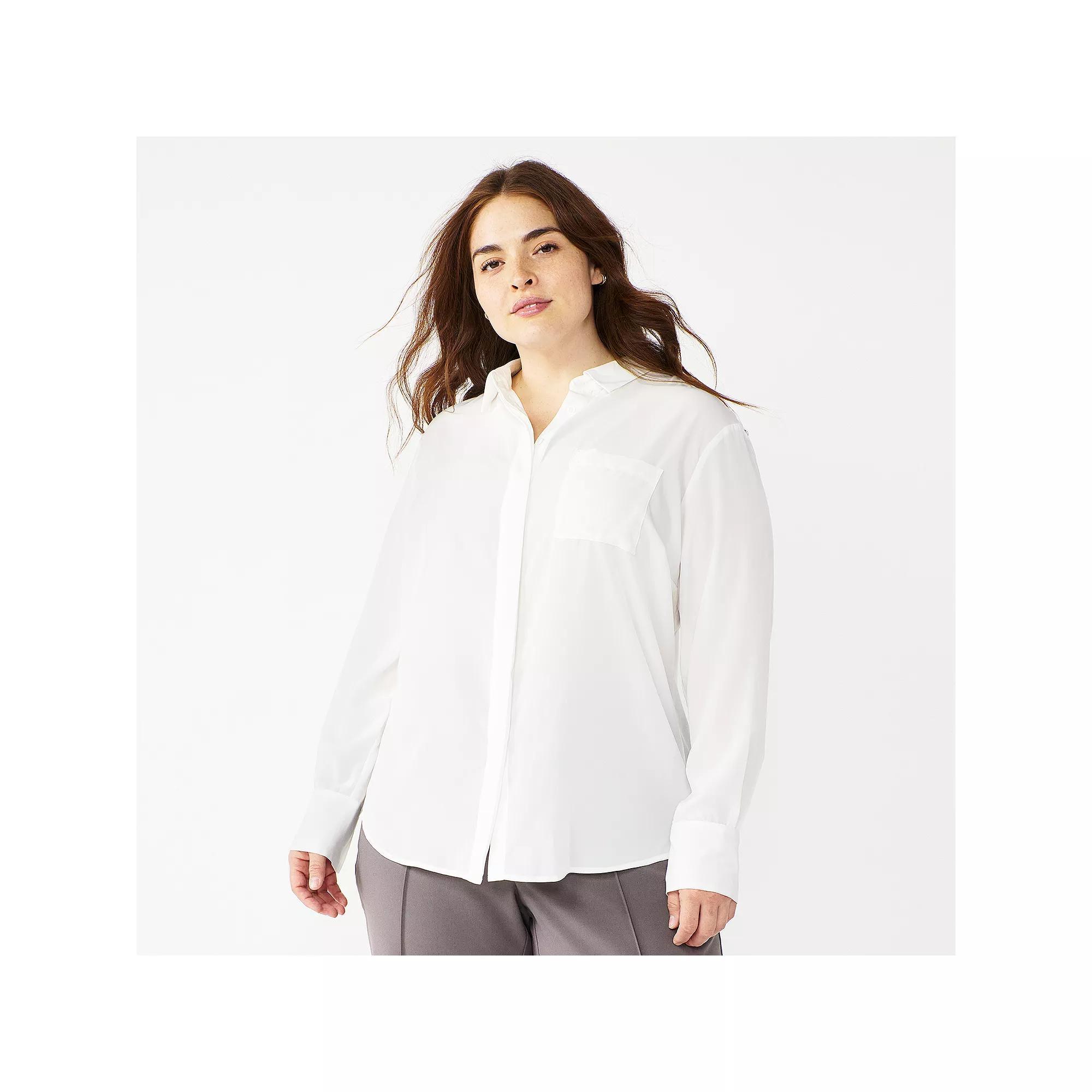 Plus Size Nine West Drapey Button Down Shirt, Women's, Size: 1XL, Mineral Black Product Image