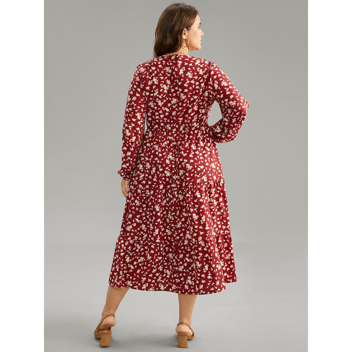 Plus Size Ditsy Floral Square Neck Shirred Gathered Dress Scarlet Women Casual Elastic cuffs Square Neck Long Sleeve Curvy Midi Dress BloomChic 26/4X Product Image