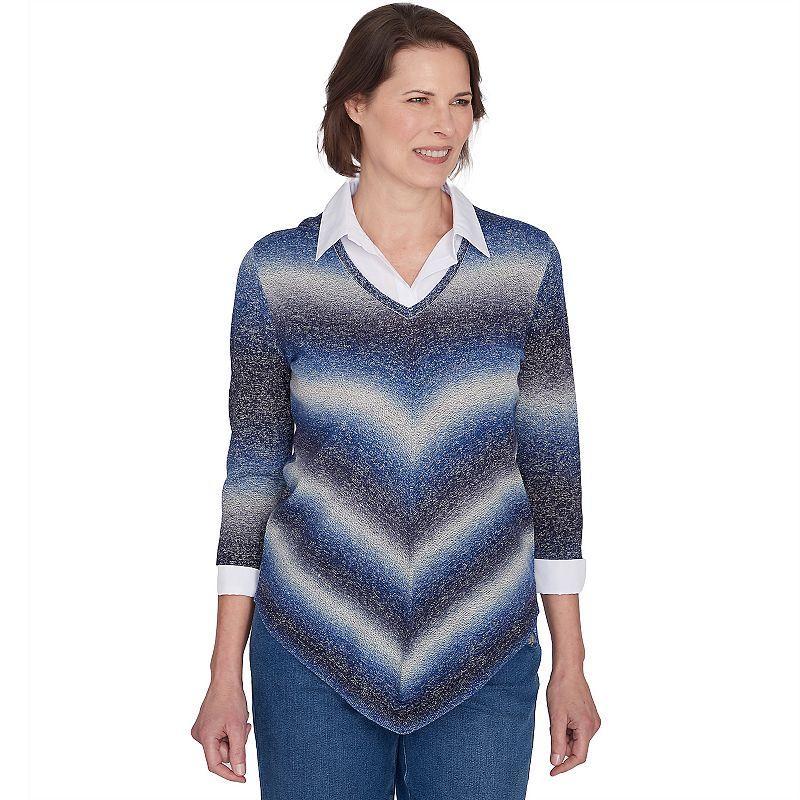 Petite Alfred Dunner Ombre Chevron Layered Collar Sweater, Womens Grey Product Image