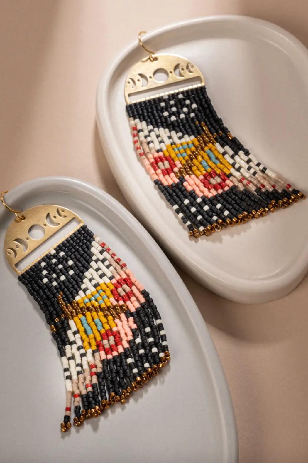 Beaded Handwoven Moonlit Moth Fringe Earring Product Image