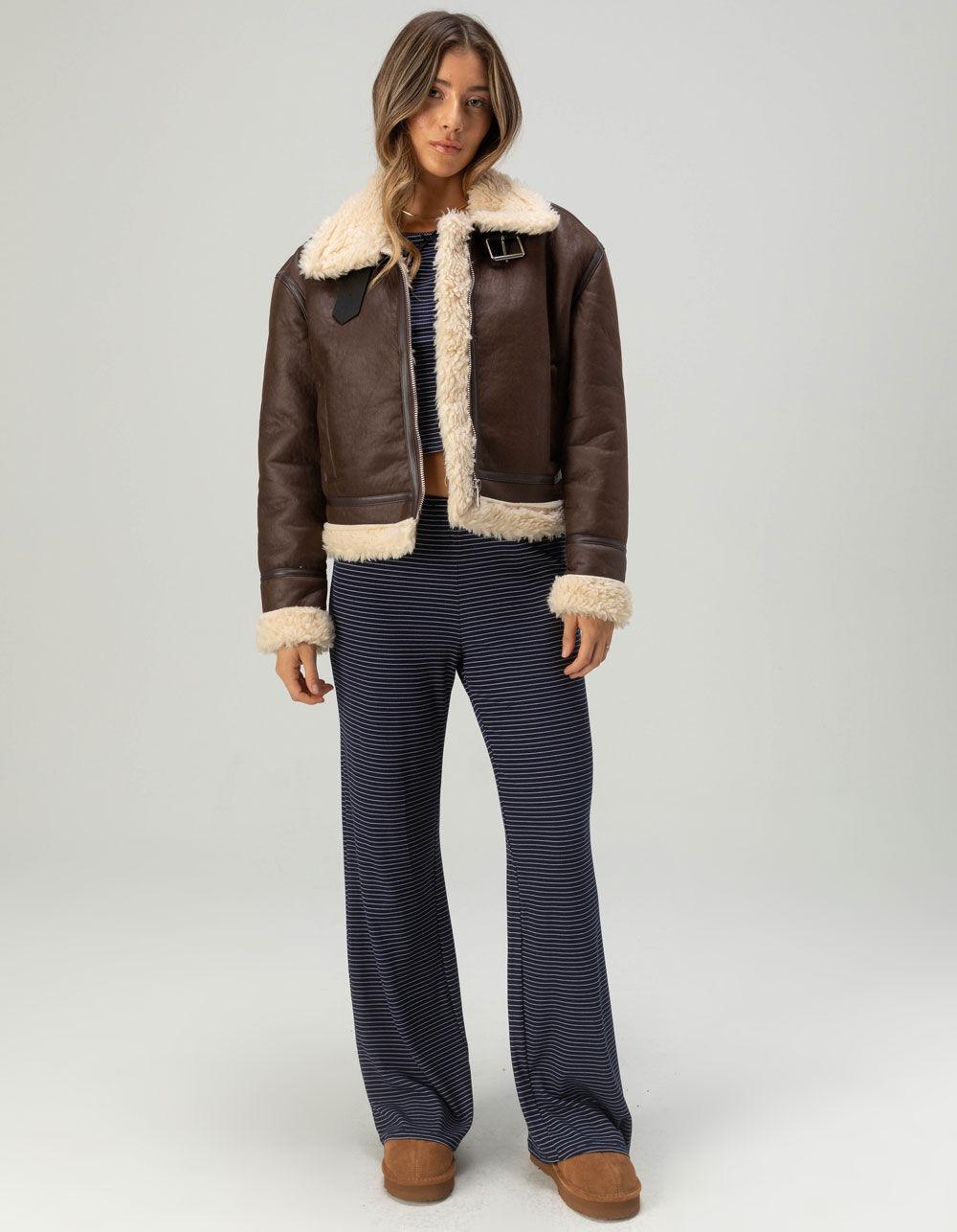 FULL TILT Rib Picot Trim Womens Long Sleeve Stripe Tee - NAVY COMBO Product Image