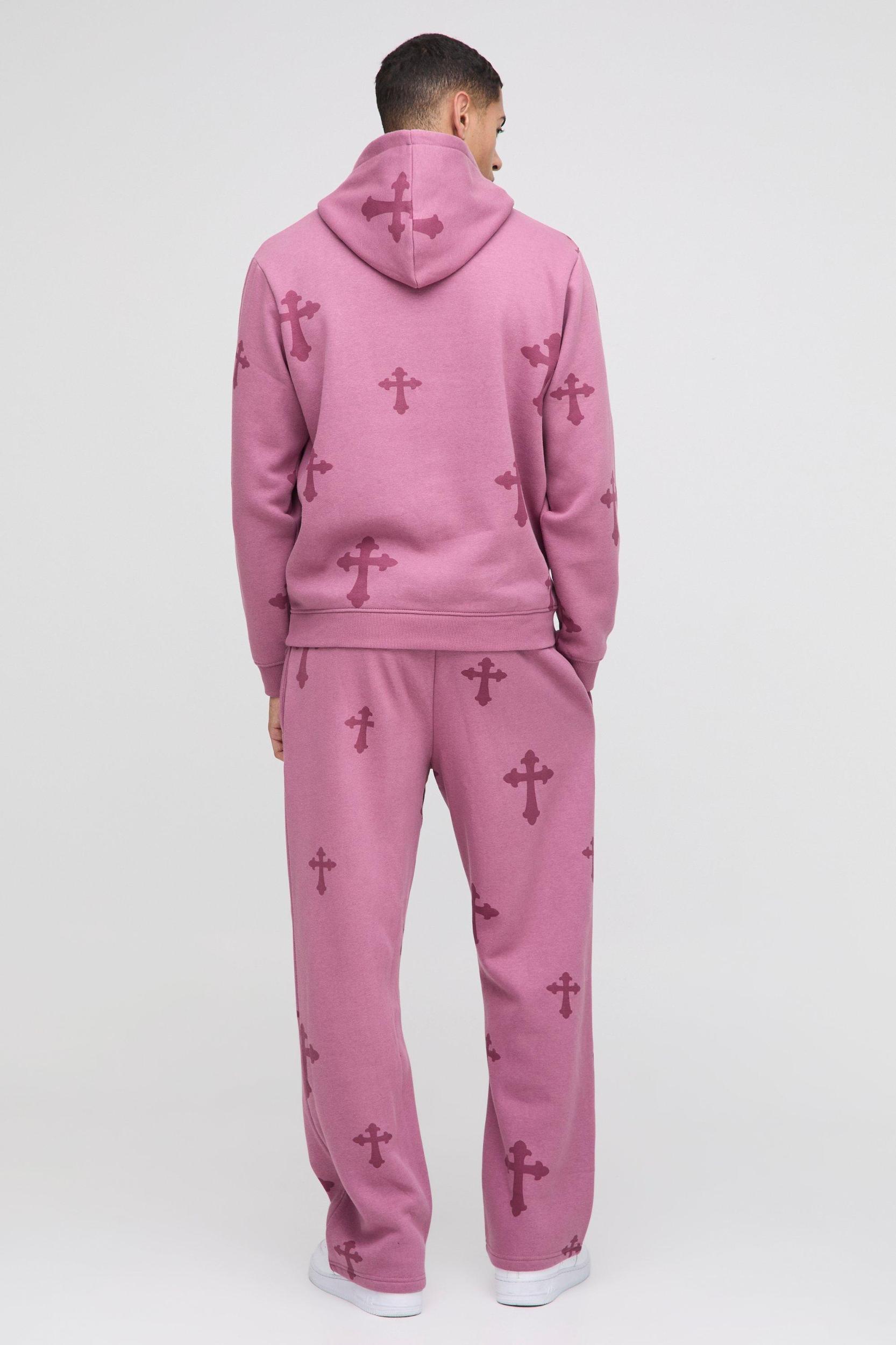 Regular Cross Print Hooded Tracksuit | boohooMAN USA Product Image