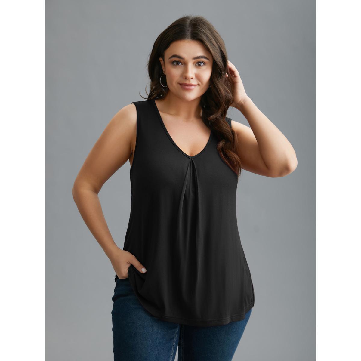 Plus Size Supersoft Essentials V-Neck Tank Top Women Black Leisure Pleated V-neck Casual Tank Tops Camis BloomChic 22-24/3X Product Image