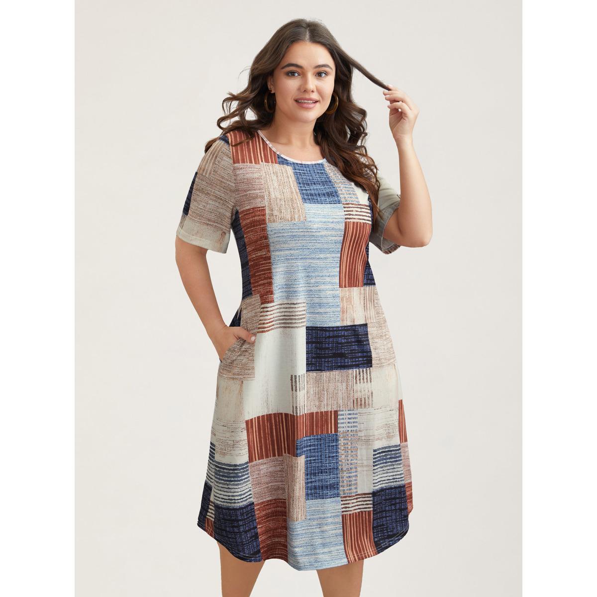 Plus Size Abstract Print Round Neck Flared Midi Dress Multicolor Women Casual Non Knit Dresses Bloomchic 22-24/3X Product Image