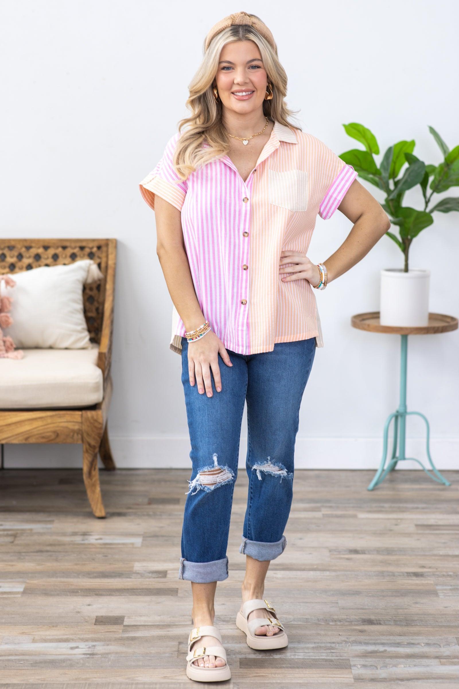 Pink and Orange Stripe Button Down Woven Top Product Image