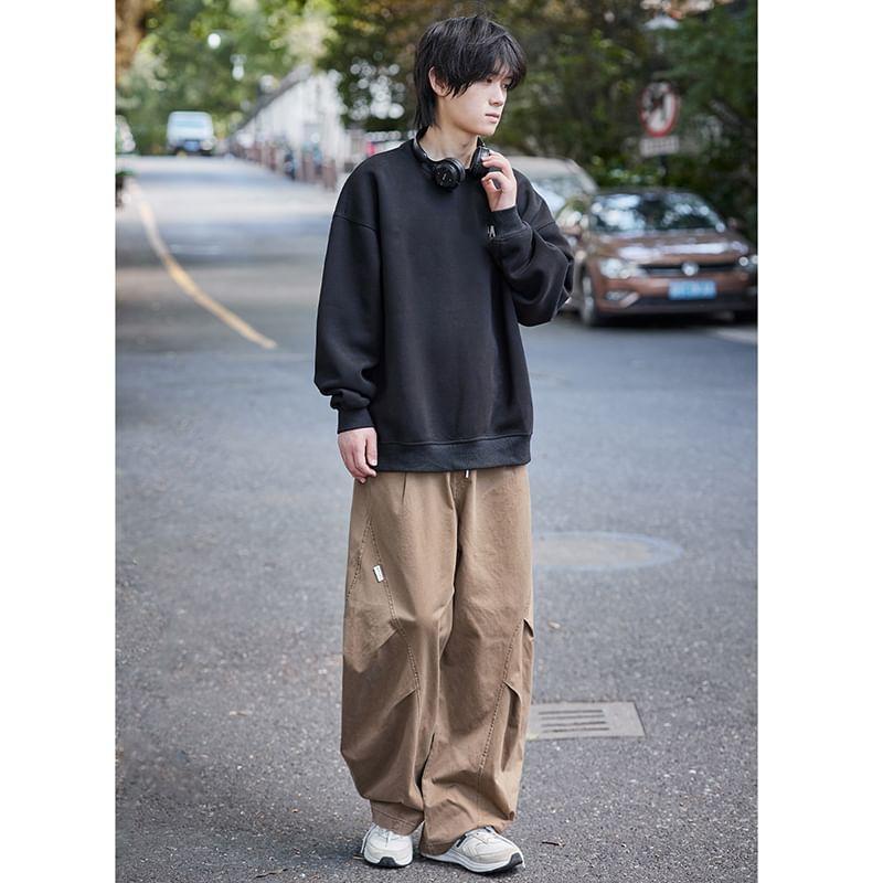 Drawstring Waist Plain Ruched Wide Leg Cargo Pants Product Image