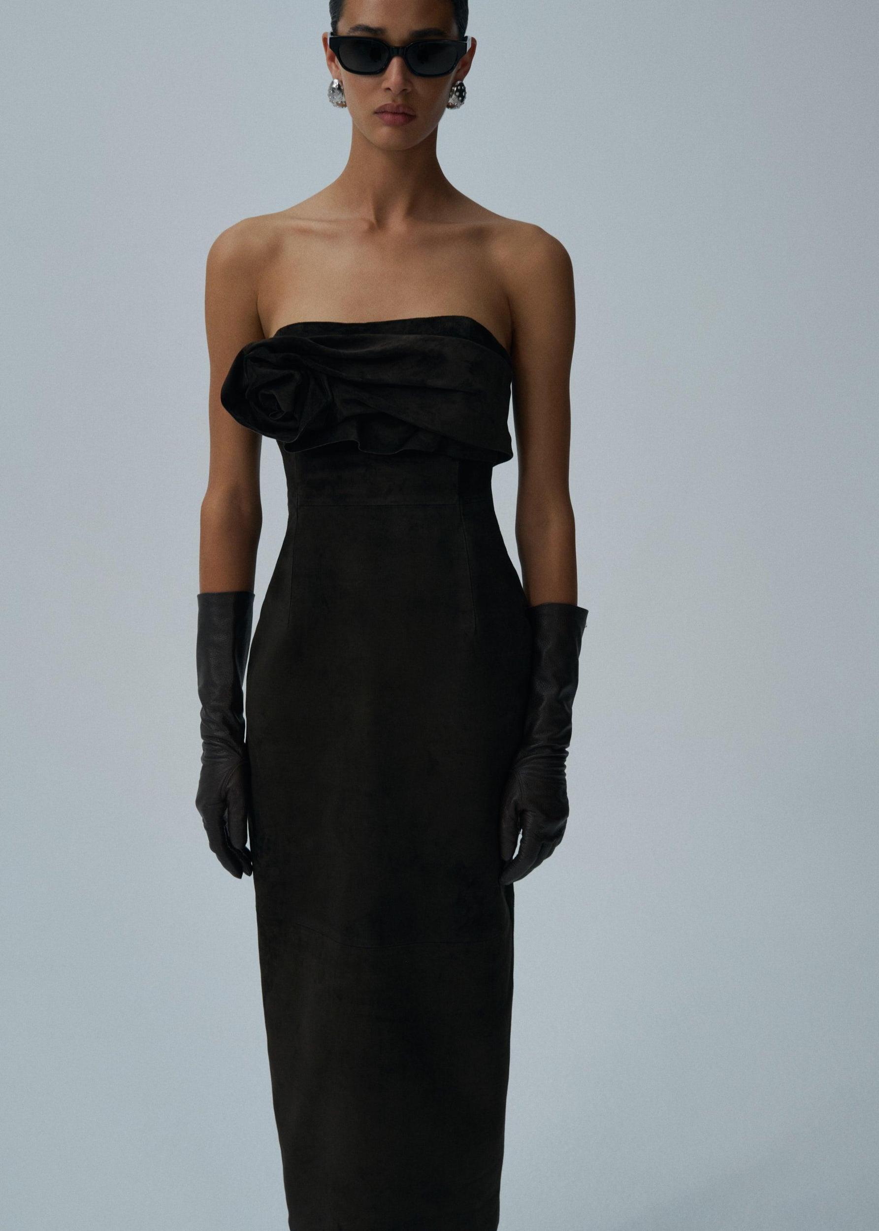 Strapless ruched dress in brown suede Product Image