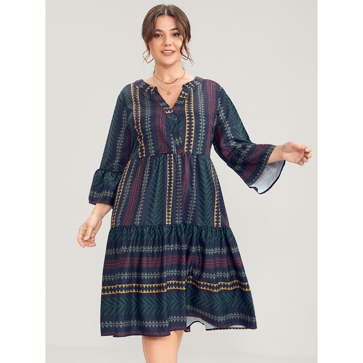 Plus Size Bloom Dress -Geometric Pocket Ruffles V Neck Knee Dress Multicolor Women Vacation Pocket V-neck Elbow-length sleeve Curvy Knee Dress BloomChic 14-16/1X Product Image