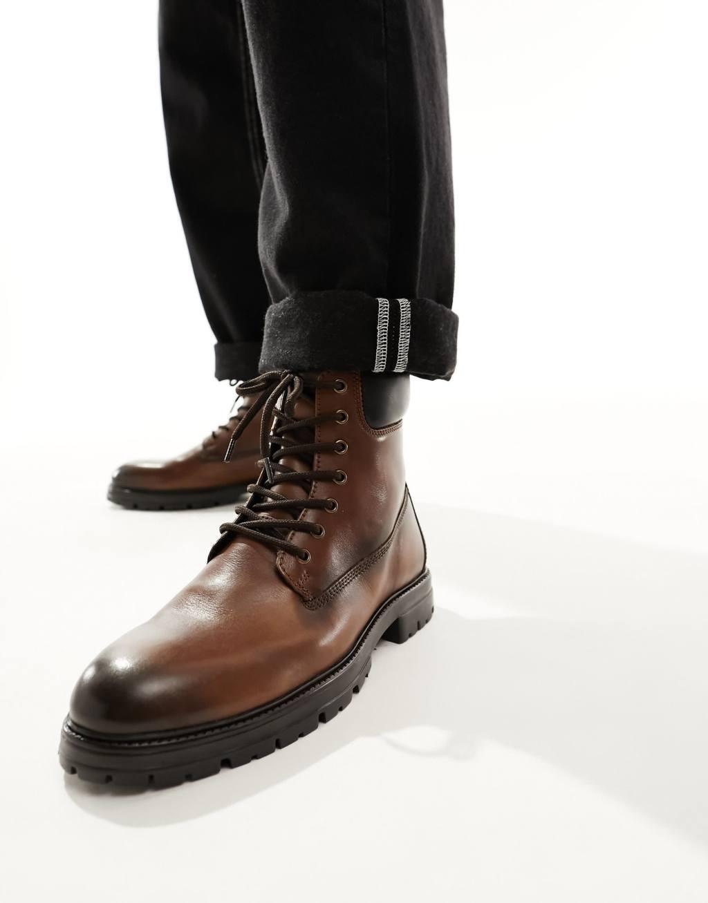 ASOS DESIGN lace up worker boots in brown leather Product Image