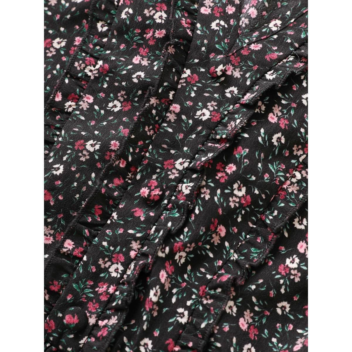 Plus Size Black Ditsy Floral Shirred Frill Trim Blouse Women Elegant Short sleeve Notched collar Everyday Blouses BloomChic 26/4X Product Image