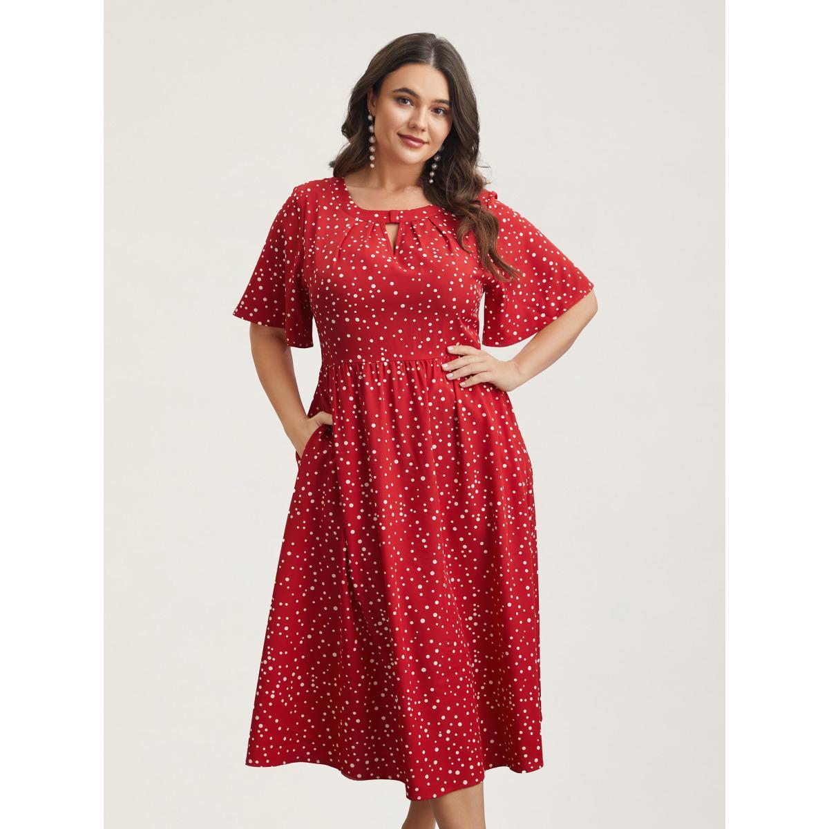 Plus Size Polka Dots Print Cut-Out Flutter Sleeve Midi Dress Scarlet Women Timeless Pleated Round Neck Short sleeve Curvy BloomChic 18-20/2X Product Image