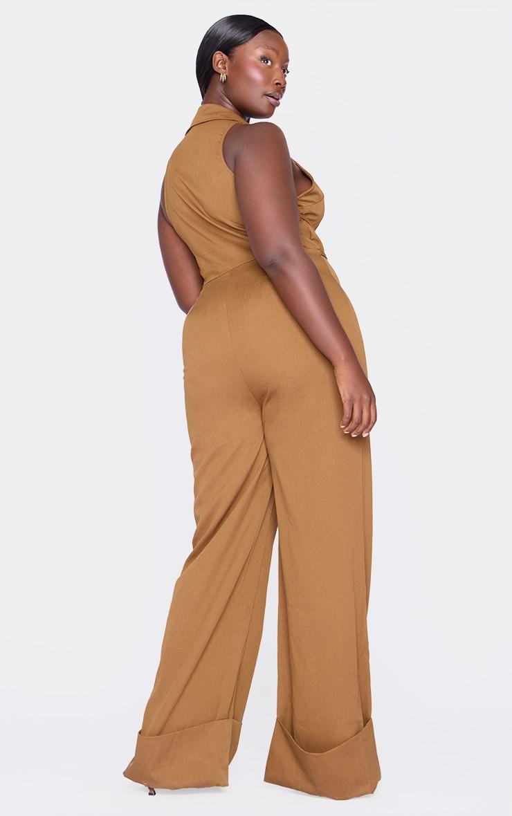 Plus Tan Mini Belt Detail Plunge Straight Leg Jumpsuit Product Image