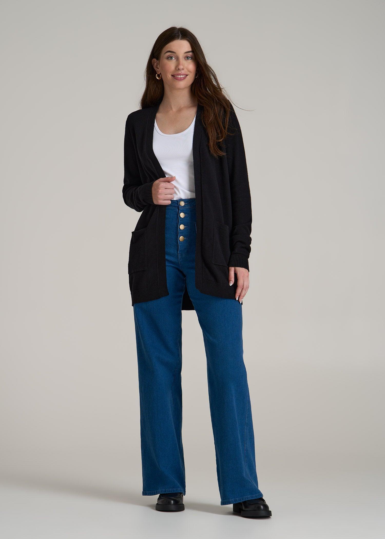 Open-Front Long Cardigan Sweater for Tall Women in Black Product Image