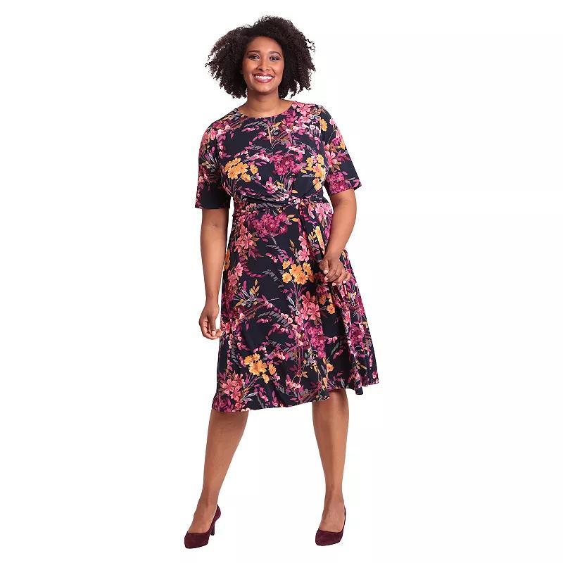 Plus Size London Times Keyhole Elbow Sleeve Midi Dress, Women's, Size: 14 W, Navy Pink Product Image