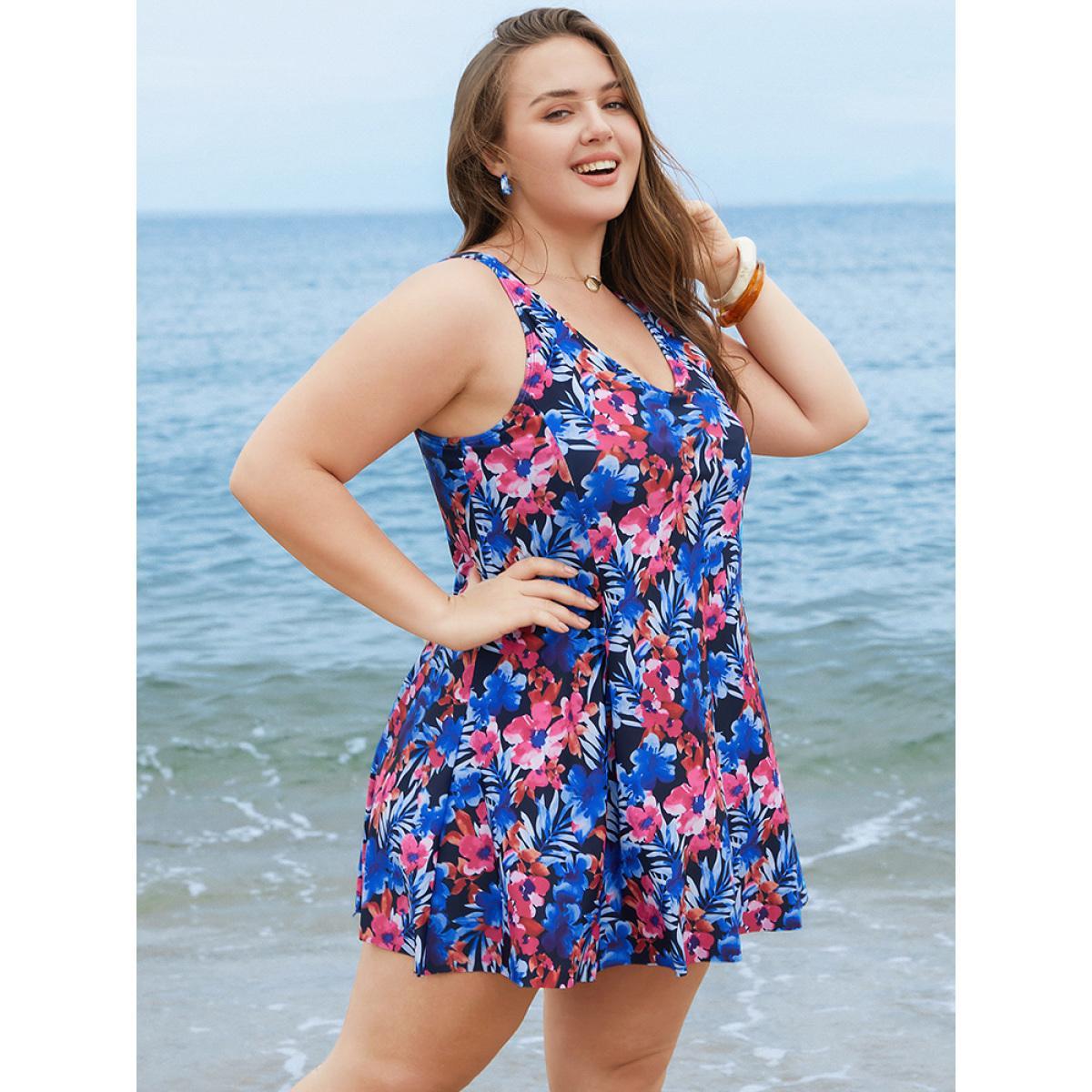 Plus Size Floral Print Ruffles Sculpt Waist A Line Swim Dress Women's Swimwear BlackFlower Vacation Bodycon V-neck High stretch Curve Swim Dresses BloomChic 30/6X Product Image