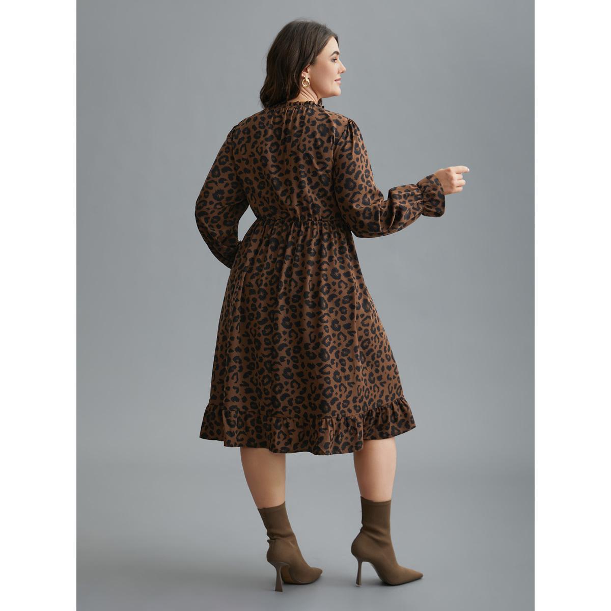Plus Size Leopard Print Ruffles Mock Neck Elastic Waist Dress Browncoffeecolor Women Elegant Frill Trim Mock Neck Long Sleeve Curvy BloomChic 28/5X Product Image