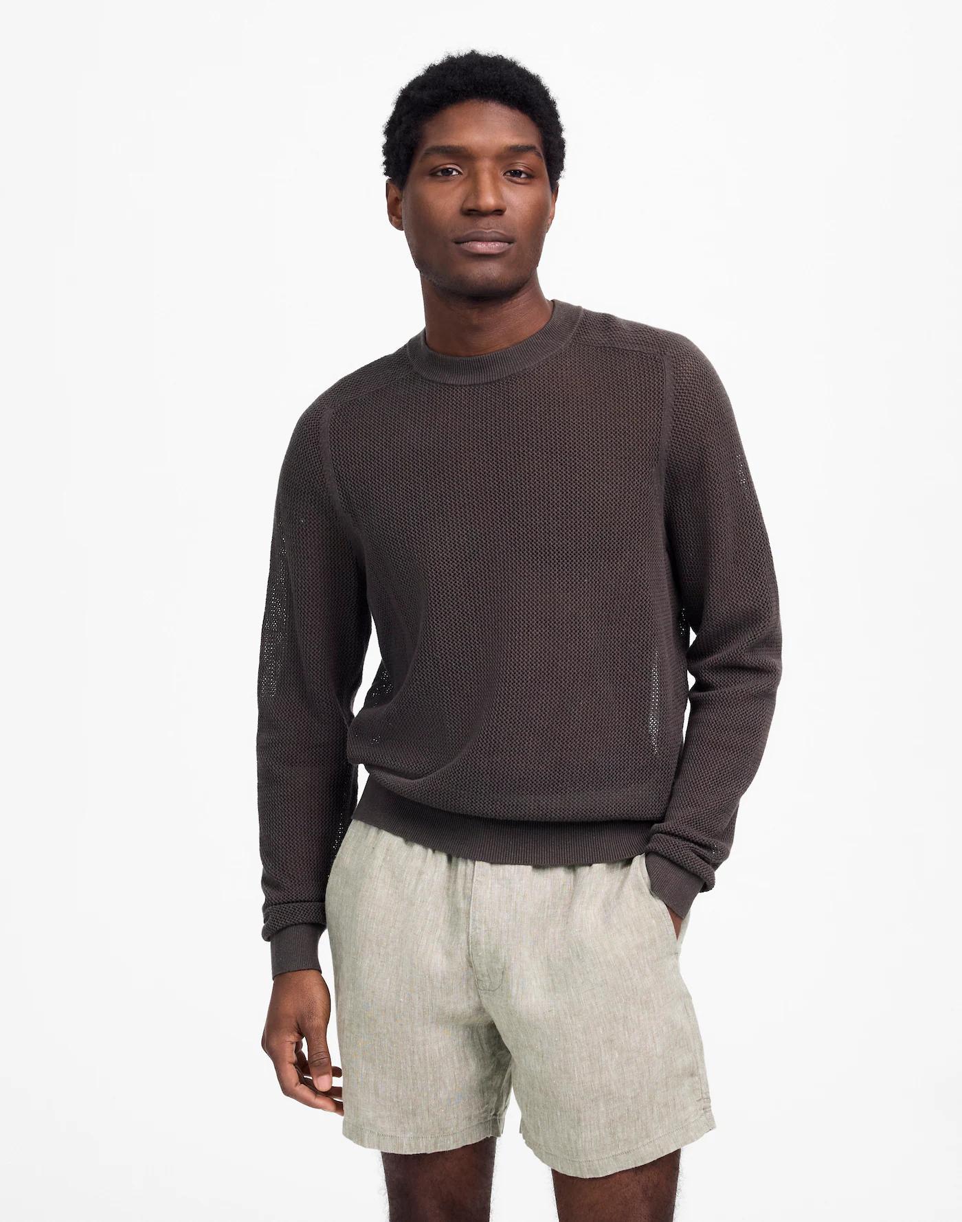 Mesh-Knit Crewneck Sweater in Lightweight Cotton-Linen Blend Product Image