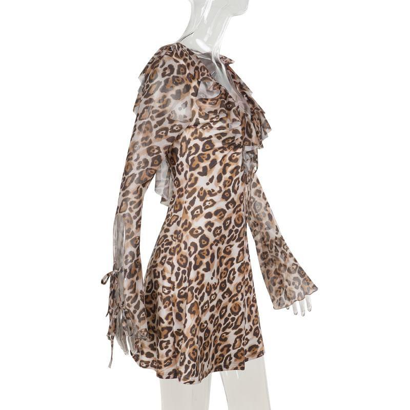 Long-Sleeve V-Neck Plunge Leopard Print Ruffle Trim Open Back Mini Bodycon Dress Product Image