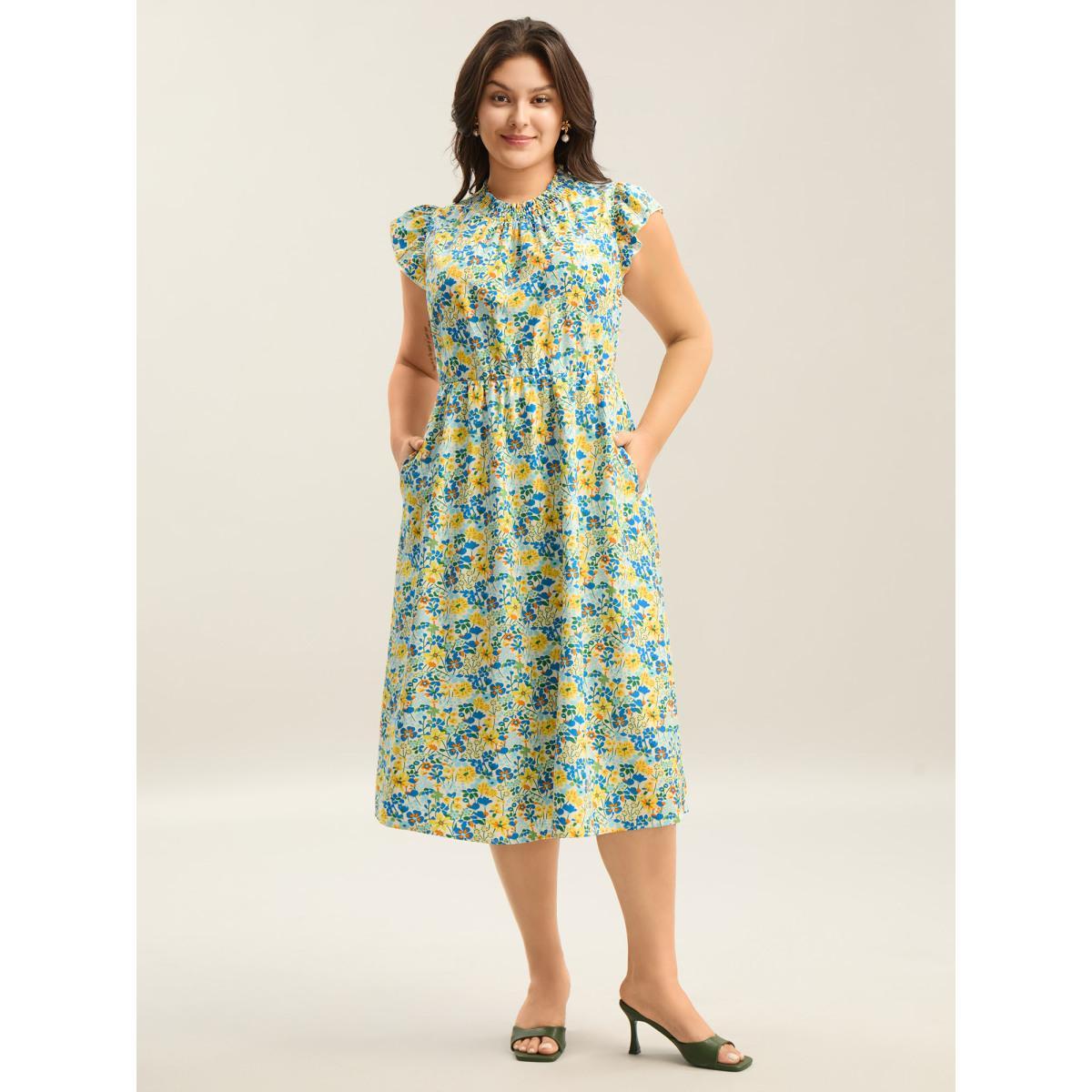 Plus Size Floral Print Shirred Pockets Midi Dress Skyblue Women Elegant Frill Trim Mock Neck Cap Sleeve Curvy BloomChic 26/4X Product Image