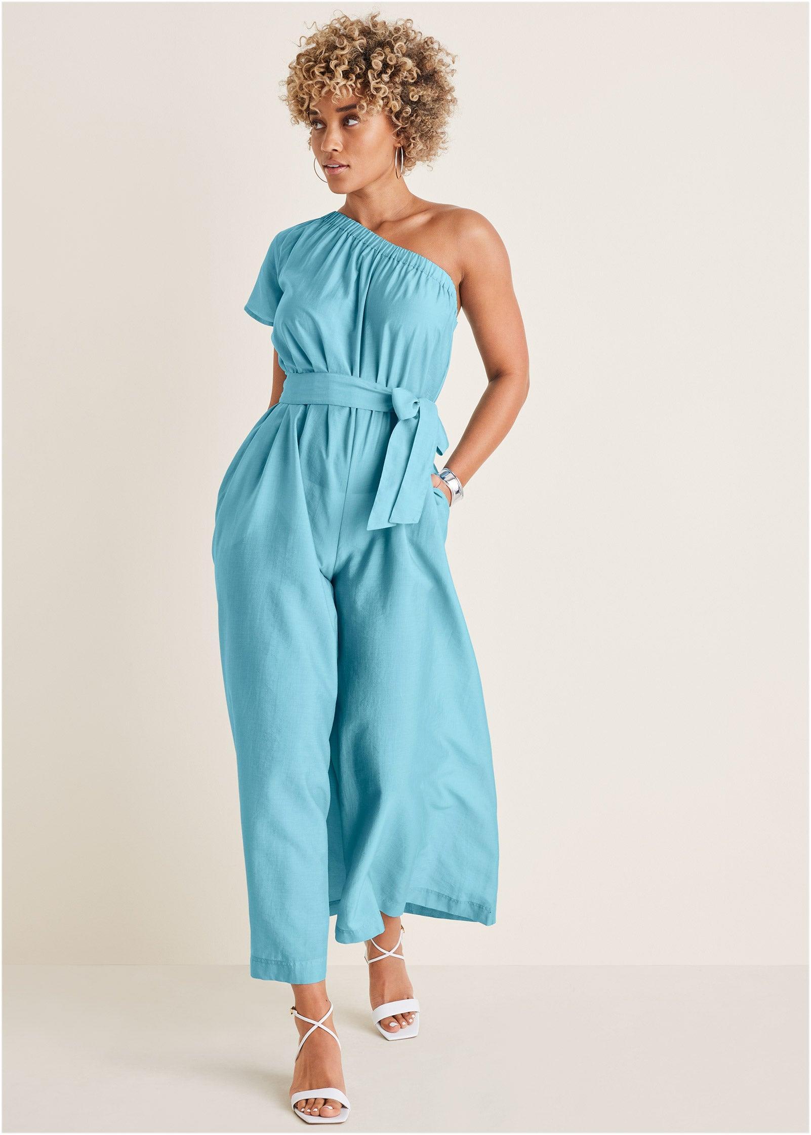 One Shoulder Jumpsuit - Blue Product Image