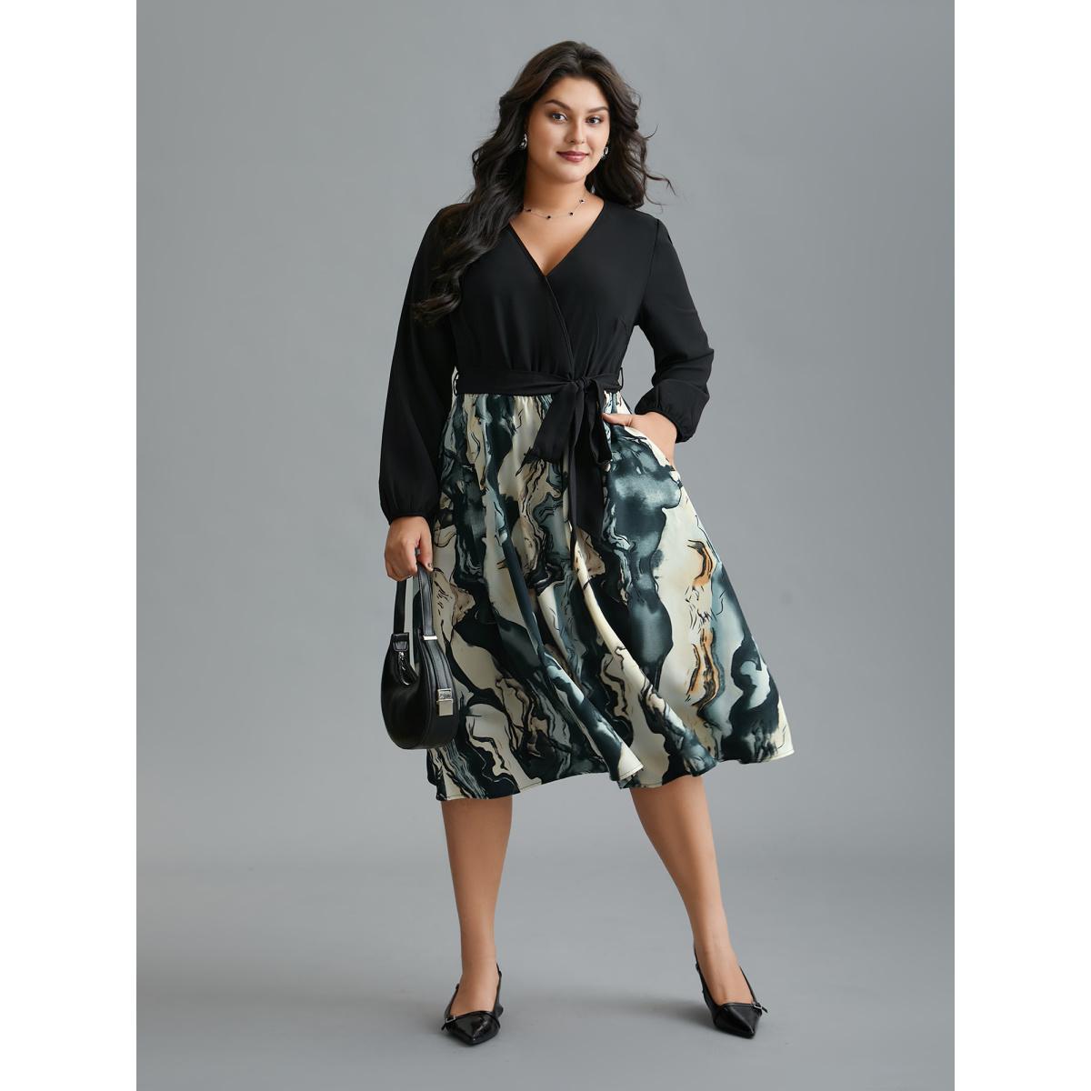 Plus Size Surplice Neck Marble Print Belted Dress Black Women At the Office Belted Overlap Collar Long Sleeve Curvy BloomChic 10/M Product Image