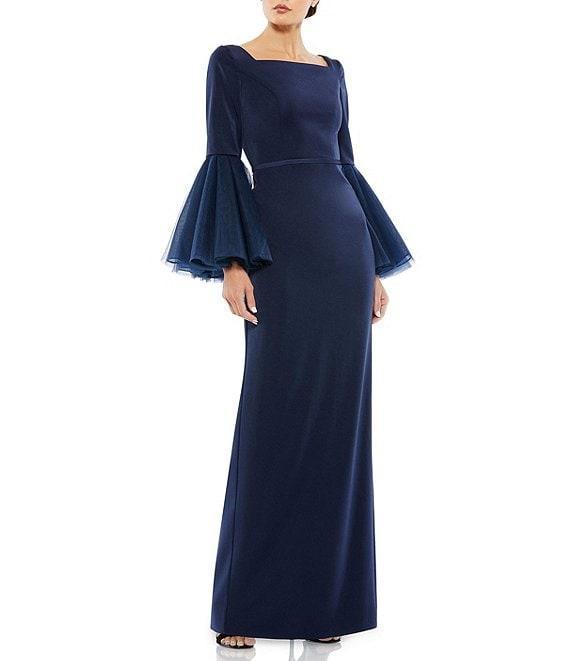 Mac Duggal Long Flounce Sleeve Square Neck Sheath Gown Product Image