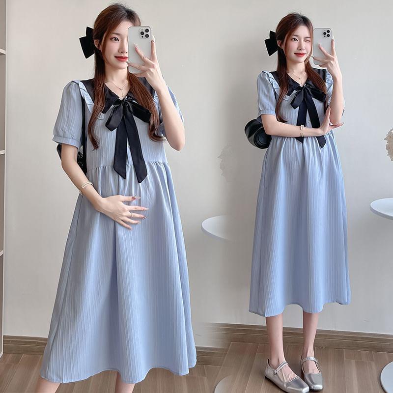 Maternity Short Sleeve Collared Two Tone Bowknot Midi A-Line Dress Product Image