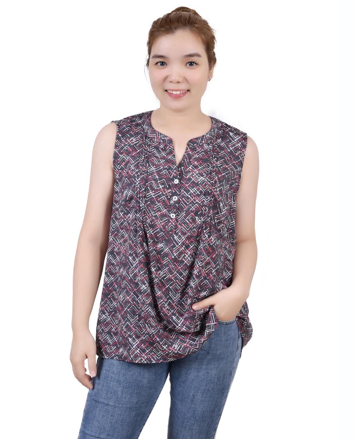 Ny Collection Petite Sleeveless Printed Pintucked Blouse Product Image