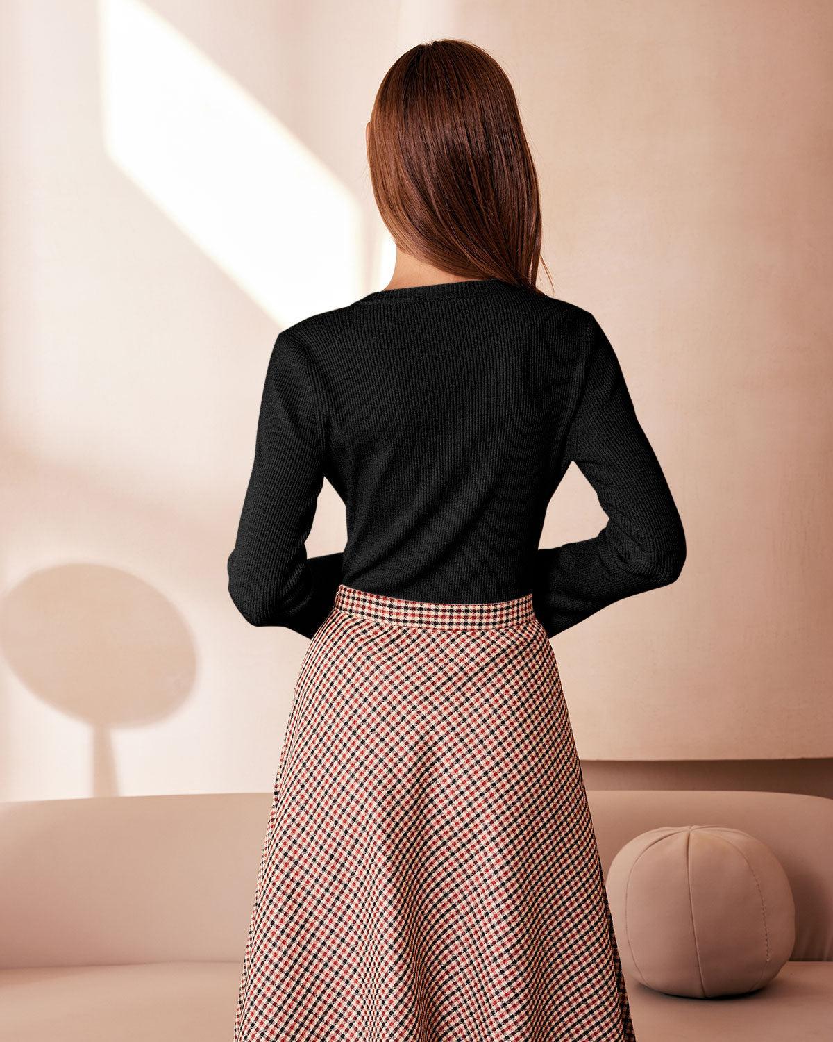 The Black Round Neck Button Up Knit Top Product Image