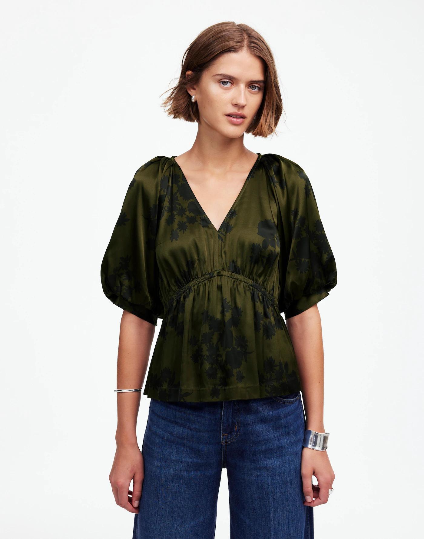 Shirred Puff-Sleeve Top in Satin Product Image