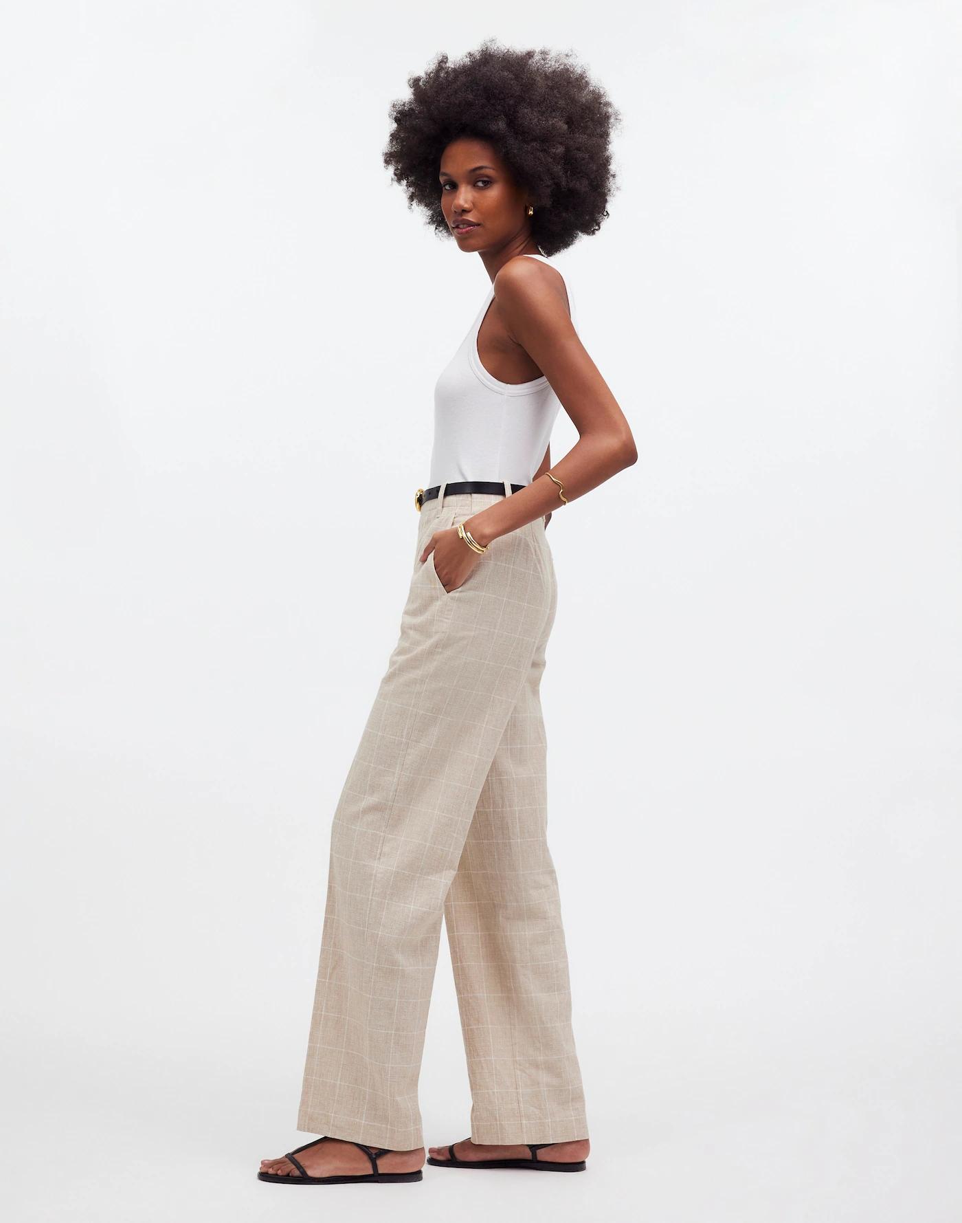 Mid-Rise Straight Pants in Plaid Linen Blend Product Image