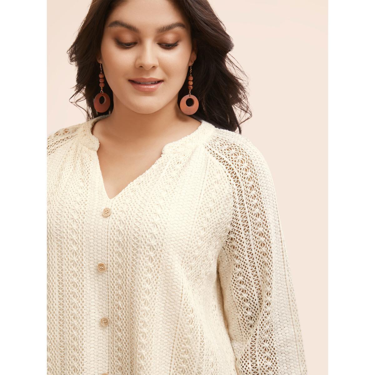 Plus Size Beige Notched Crochet Lace Raglan Sleeve Blouse Women Resort Long Sleeve Notched collar Vacation Blouses BloomChic 10/M Product Image
