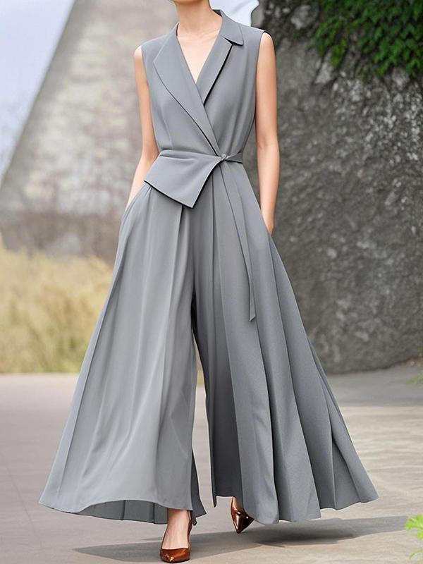 High Waisted Loose Pleated Pockets Solid Color Tied Notched Collar Jumpsuits Product Image