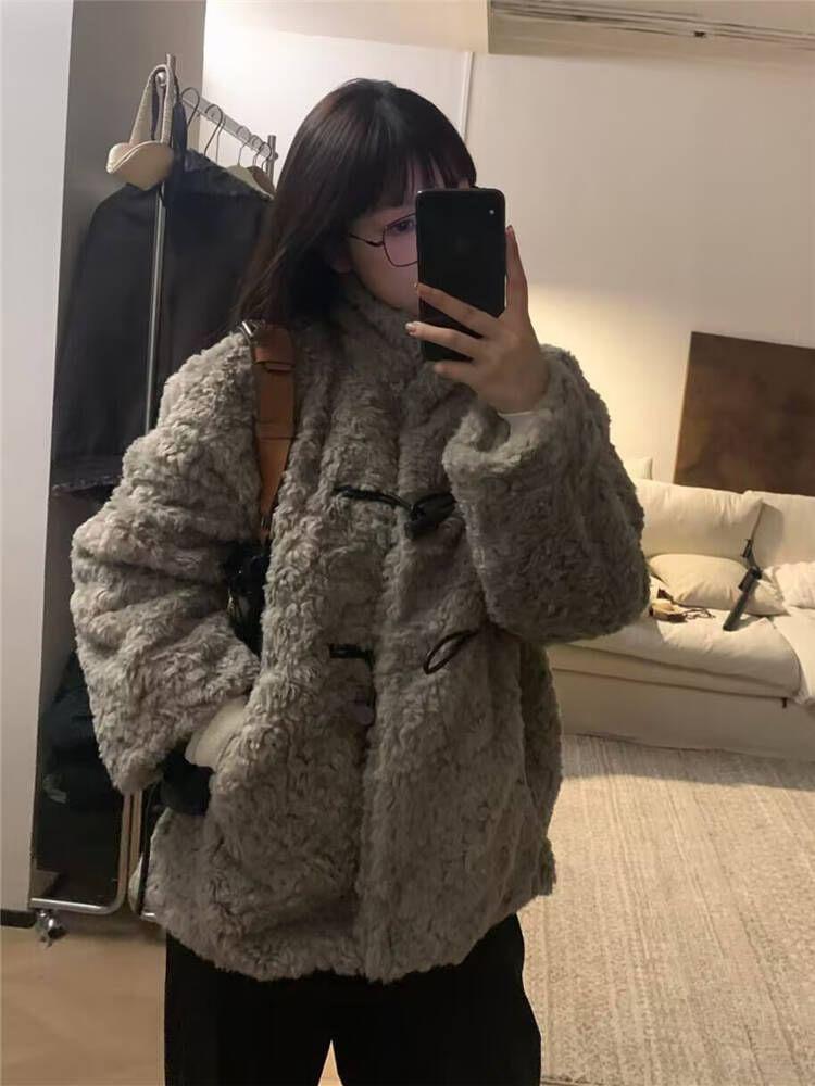 Stand Collar Faux Fur Toggle Coat Product Image